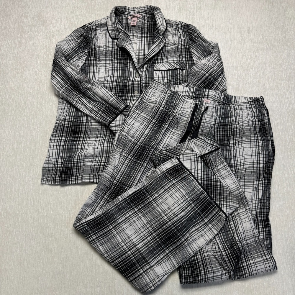Victoria's Secret Flannel Pajama Set Womens Large Black White Plaid Cotton Logo